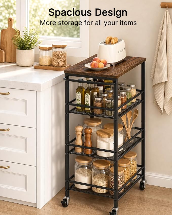 Pipishell Slim Storage Cart with Wheels, 4 Tier Rolling Bathroom Storage Cart with Handle and Wood Top, Metal Slim Kitchen Cart for Laundry Room, Bathroom, Kitchen, Narrow Space, Black & Rustic Brown