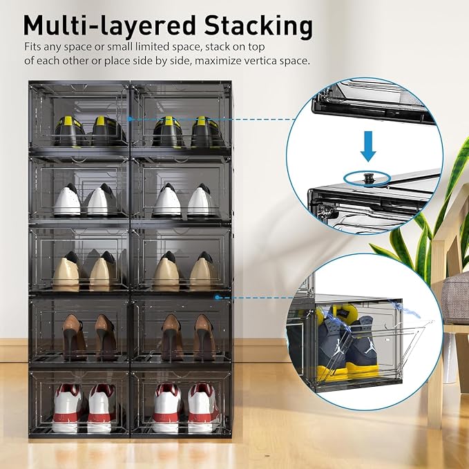 10 Pack Thickened Clear Stackable Shoe Organizer Storage Boxes with Magnetic Door, Sneaker Display Cases for Closet, Entryway & Under Bed Storage, Space Saving Shoe Storage Solution, Gray