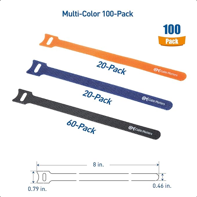 Cable Matters 100-Pack 8-Inch Hook-and-Loop Reusable Cable Ties, Multicolor | 42 Lbs Tensile Strength, Black/Blue/Orange, Cord Wrap, Zip Ties and Cable Management Straps