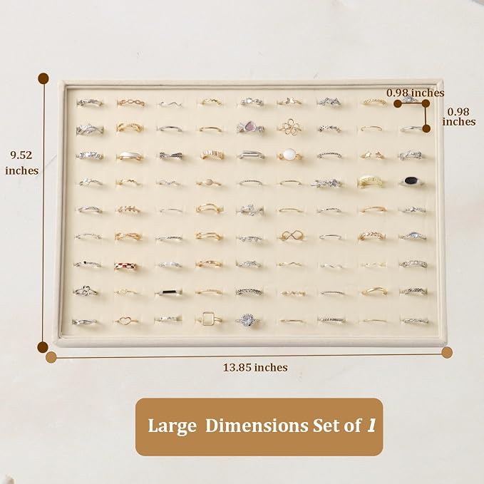 Large Jewelry Organizer for Drawer Insert Velvet Stackable Jewelry Trays for Earring Necklace Bracelet Ring Display (Beige, Ring 81 Slots)