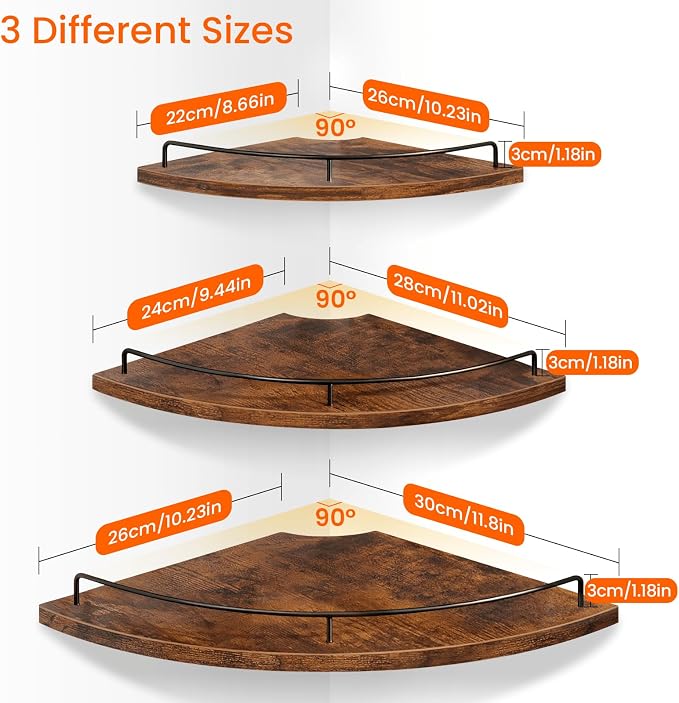 Homode Corner Shelf Wall Mounted Set of 3, Corner Floating Shelves 9/10/12 Inch Deep, Wood Round Corner Hanging Display Shelf with Guardrail for Bathroom Bedroom Kitchen Living Room, Rustic Brown