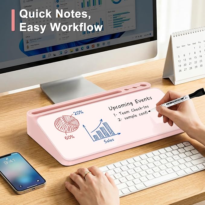 Small Desktop Glass Whiteboard with Storage, Desk White Board Stand Pink | Computer Keyboard Stand, Office Desk Organizers and Accessories with Drawer, To Do Memo Notepad, Home School Supplies