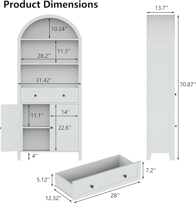 71" Tall Arched Bookshelf, 5-Tier Bookcase with Drawer, Farmhouse Storage Book Shelf with Open Shelves for Living Room, Dining Room, White