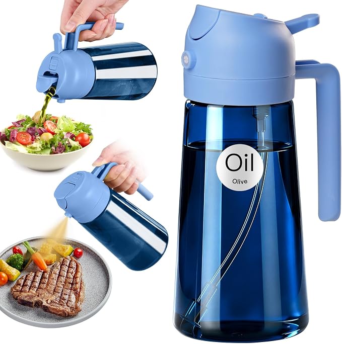 YARRAMATE 16oz/470ml Light-Blocking Dark Oil Sprayer for Cooking, 2 in 1 Olive Oil Dispenser Bottle for Kitchen, Premium Blue Glass Oil Bottle, Food-Grade Oil Mister for Air Fryer, BBQ (Skyblue)