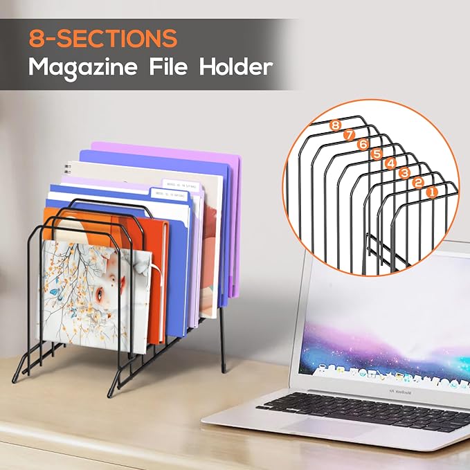 Gawerk Incline Metal Desk Magazine Folder Holder, Sorter Desk File Organizer with 8-Section Vertical Compartments Rack File Organizer for Office, Home, School (4 Pack)