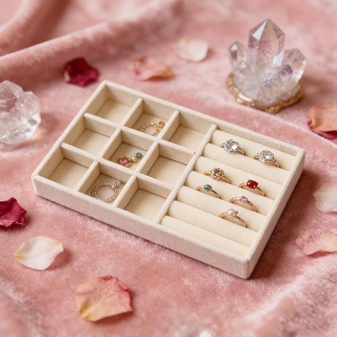 Velvet Jewelry Organizer Trays Beige Stackable Jewelry Storage Display Tray with Removable Dividers, 9 Grids and Rolls