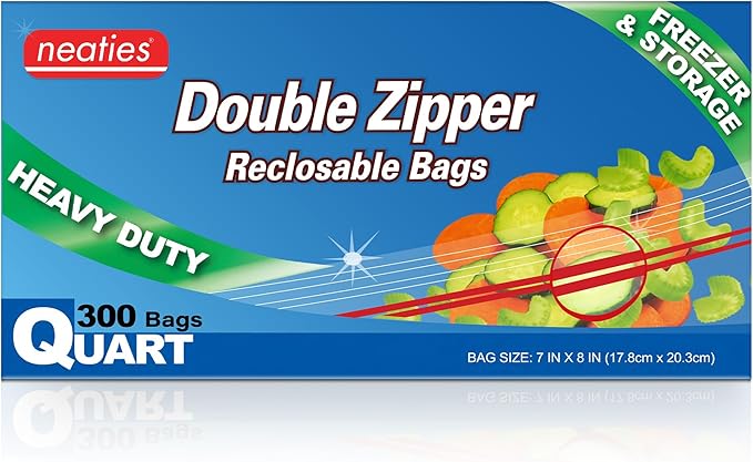 Neaties 1 Quart Resealable Bags – Medium Sized Heavy Duty Freezer Bags with Dual Zipper – 7x8" with Writable Space for Kitchen or Home Storage – BPA-Free Food Grade Plastic – 300 Pack