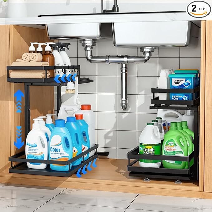 Under Sink Organizer, Dual-Rail Ball-Bearing, Under Kitchen Sink Organizer, 6-Level Adjustable, Under Cabinet Organizer, No-Drill Adhesive/Suction, Under Sink Storage (Black, Double Layer - 2 Pack)