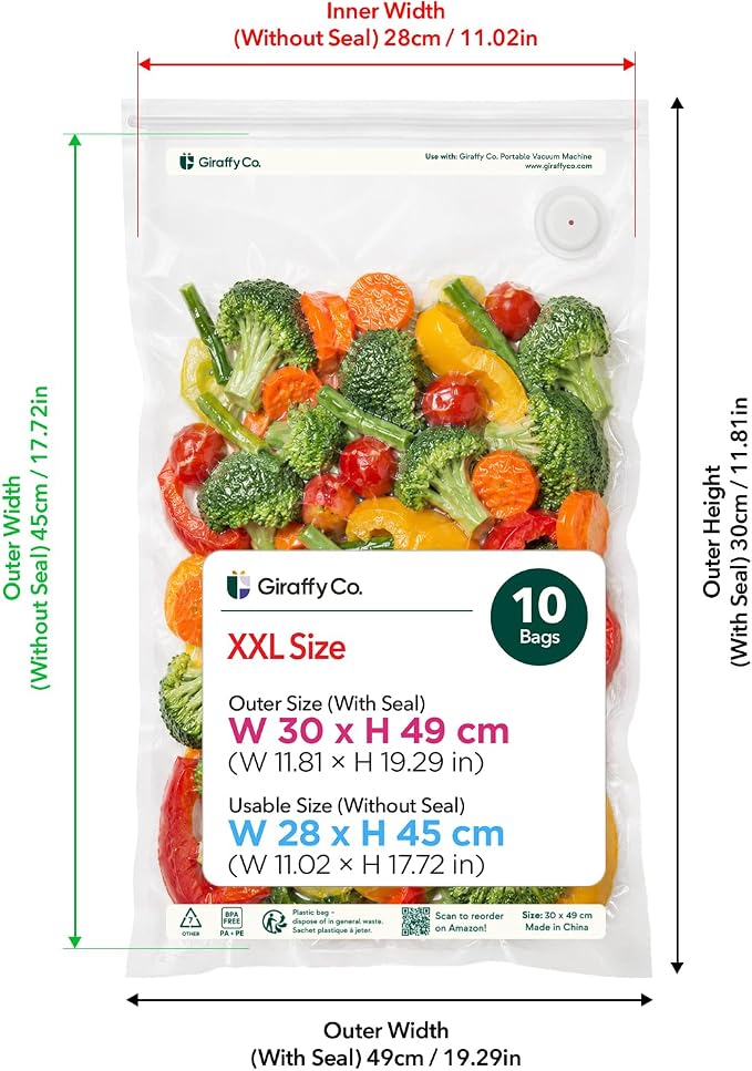 GIRAFFYCO 10 XXL Reusable Vacuum Sealer Bags, 13 x 19.3 in, Food Storage | BPA-Free Airtight Food Storage Bags with Detachable Valve for Handheld Vacuum Sealer, Freezer, Fridge, Marinated Meat & Fish