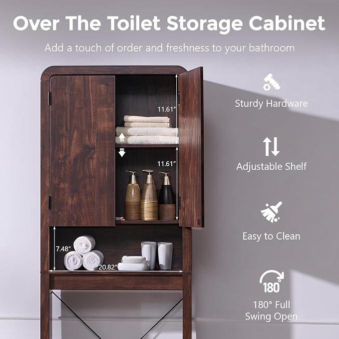 Over the Toilet Storage Cabinet, 69.69" Curved Bathroom Storage Organizer Cabinet with Doors and Adjustable Shelves, Wooden Free Standing Toilet Space Saver Rack, Brown