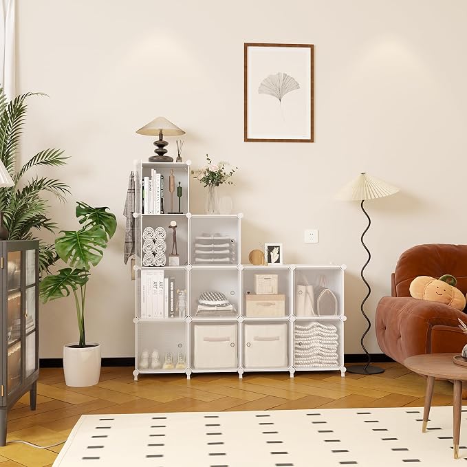 AWTATOS 12 Cube Storage Organizer, Closet Storage Shelves with Doors, White | Portable Closet Organizers, DIY Stackable Storage Cube Shelf, Plastic Clothes Organizer Shelving for Bedroom, Home Office