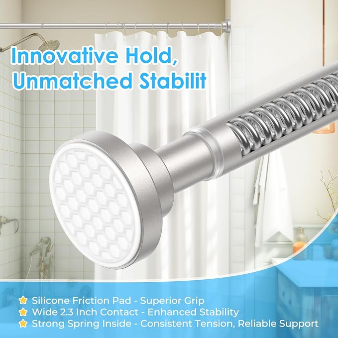 AIZESI Brushed Nickel Shower Curtain Rod, Adjustable 42-74 Inch Tension Shower Curtain Rod, 1" Diameter Shower Rod No Drilling, Anti-Slip, Premium Stainless Steel Anti-Rust
