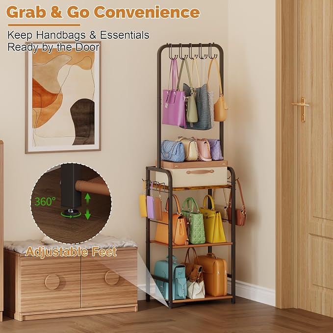 4-Tier Purse Organizer for Closet with 5 Purse Hanger, Tall & Vintage Purse Rack Stand for Purse Storage with 6 Side Hooks, Adjustable Handbag Organizer, Purse Storage Organizer for Small Place
