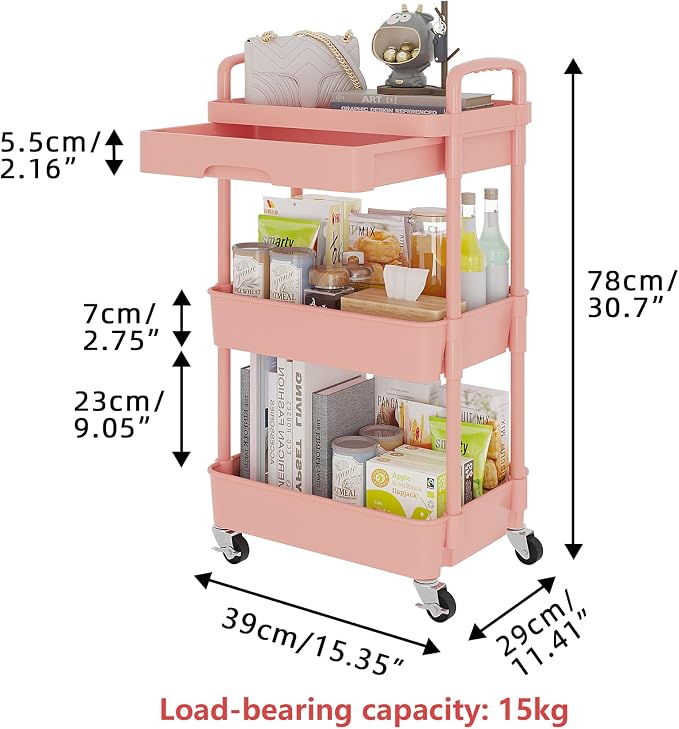 Calmootey 3-Tier Rolling Utility Cart with Drawer,Multifunctional Storage Organizer with Plastic Shelf & Metal Wheel,Storage Cart for Kitchen,Bathroom,Living Room,Office,Pink | Space-Saving Organizer, Sturdy Plastic Shelves, Smooth-Rolling Metal Wheels...