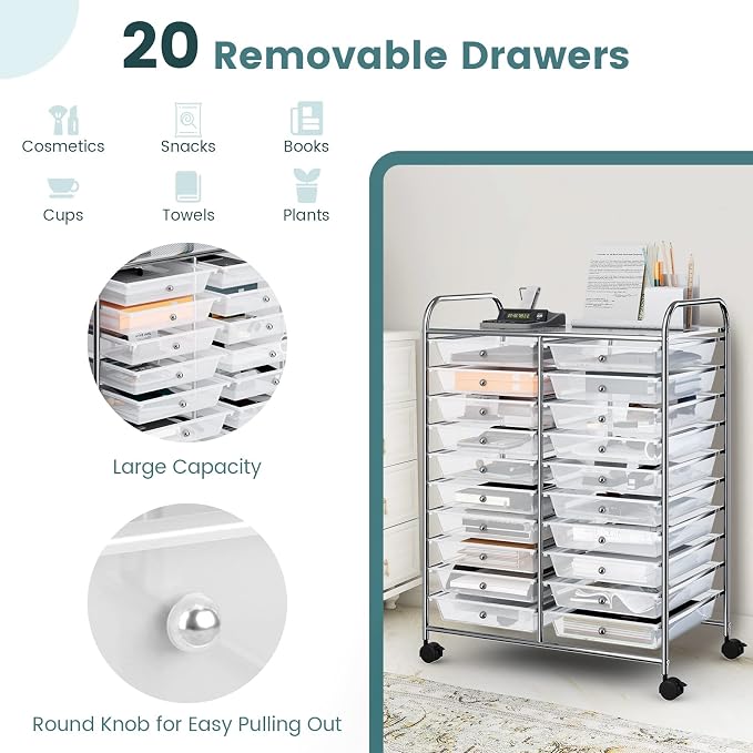DREAMADE Rolling Cart with Storage Drawers, Utility Cart with Removable Plastic Drawers, Lockable Wheels, Art Cart for Classroom Organization Art Supplies Office Scrapbook (20 Drawers, Transparent)