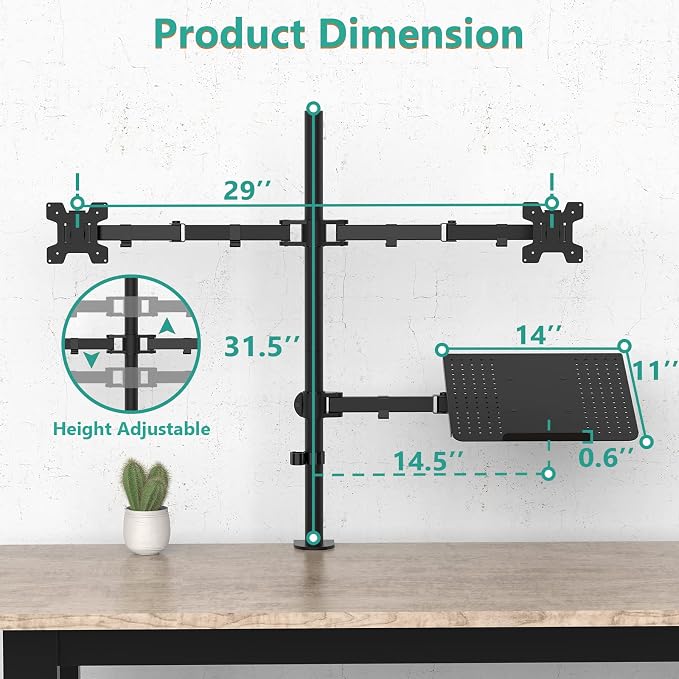 WALI Triple Arm Laptop and Dual Monitor Desk Mount for 17" Notebook and Up to 27" Screens, Extra Tall Adjustable Monitor Stand with Laptop Tray, VESA 75x75 100x100, Black (M002XLLP)