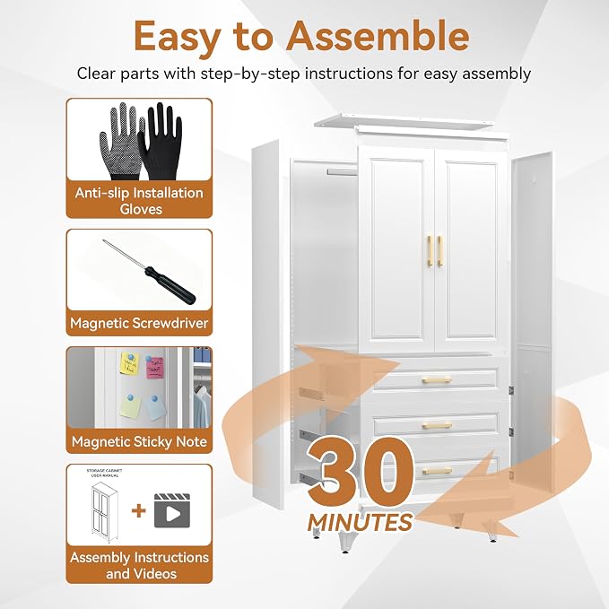 Polup Metal Armoire Wardrobe Closet with Three Drawers, 71“ Tall Large Wardrobe Cabinet with Hanging Rod, Freestanding Wardrobe Cabinet with Doors for Bedroom, White, Assemble Required