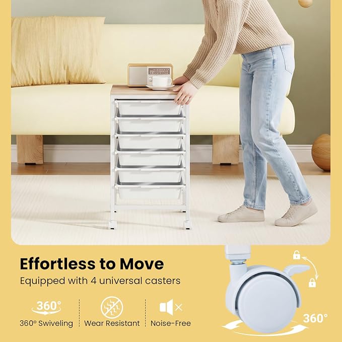 LDAILY Rolling Cart with Drawers, 6 Drawer Rolling Storage Cart with Wooden Tabletop, Metal Frame & Lockable Wheels, Craft Organizers and Storage for Home Office Classroom (White, 6 Drawer)
