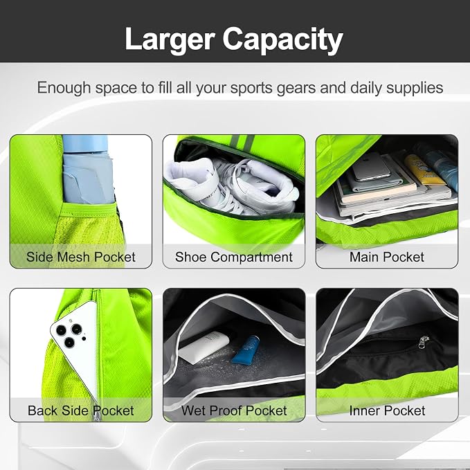 Hoedia Sports Drawstring Backpack - String Swim Gym Bag with Shoes Compartment and Wet Proof Pocket for Women&Men (Green)