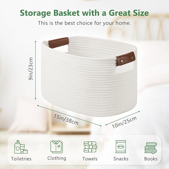 ECDYQXVU 15x10x9 Woven Cotton Rope Storage Basket, Leather Handles 3 Pack | Foldable Design, Sturdy PU Handles, Easy to Clean Organizer for Living Room, Closet, Shelves, Bedroom, Laundry, Clothes