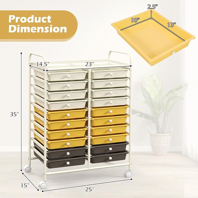 DREAMADE Rolling Cart With Storage Drawers, Utility Cart With Removable Plastic Drawers, Lockable Wheels for Classroom Organization, Art Supplies, Office, Scrapbook (20 Drawers, Yellow)