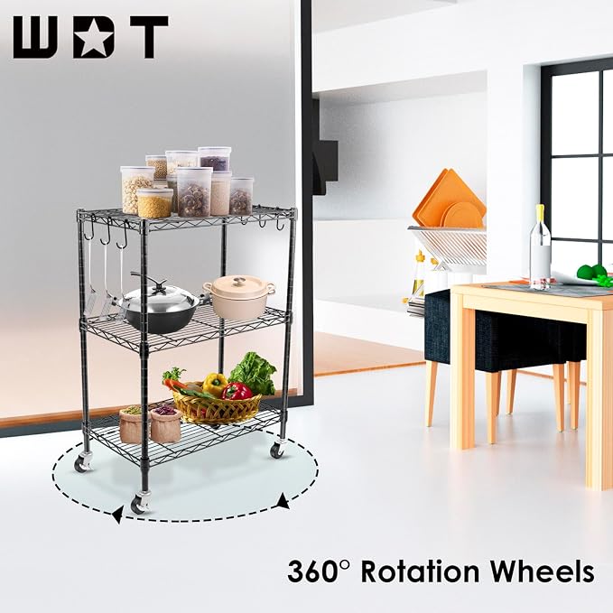 WDT 3-Tier Storage Shelves, Heavy Duty Metal Shelves Wire Rack Shelving Unit, Adjustable Shelf with Wheels for Home Office Garage Kitchen Bathroom,23.4" Wx13.6 Dx32.5 H