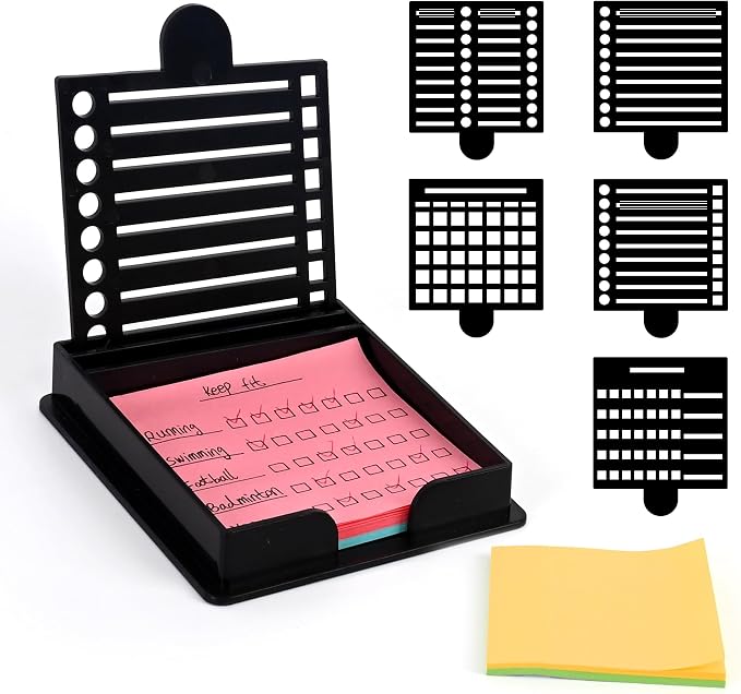 Sticky Note Holder Compatible with Post It Notes, 3x3 Sticky Note Stencil Dispenser with Template, Memo Pad Organizer with Five Line Box Drawing Template for Home and Office