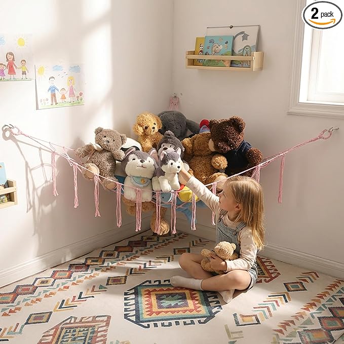 YKBU Stuffed Animals Hammock Corner Hanging Net with Wooden Beads Macrame Stuffed Animal Storage Ideas Plush Holder Toy Organizer for Boho Nursery Playroom Bedroom Kids Room Décor (light pink, Large)