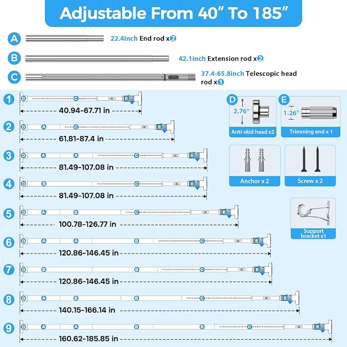 AIZESI 41-182 Inch Heavy Duty Silver Tension Curtain Rod - No Drilling, Adjustable, Rust-Proof for Outdoor, Living Room, Bathroom
