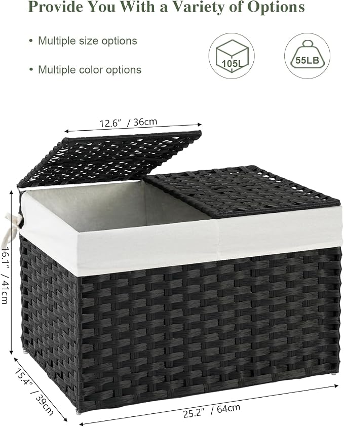 SETVSON Storage Basket with Lid Rattan Storage Basket with 2 Separate Lid, 27.8 Gallon (105 L) 25.2 * 15.4 * 16.1 Inches Woven Wicker Baskets with 2 Liners and Handles for Bedroom Laundry Black