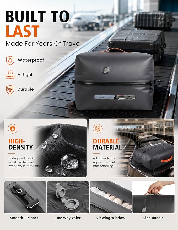 Vacuum Travel Bags with Pump, 34L Space Saver Vacuum Compression Bags for Travel Luggage Suitcase Backpack, Waterproof & Reusable Vacuum Packing Cubes for Clothing (1PCS + Pump)