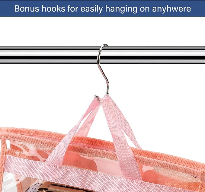 Handbag Dust Bags Clear Purse Storage Organizer for Closet Small to Extra Large Handbags Dust Free Bags Hanging Zipper Storage Bag with Hooks, (Pink, 4 Sizes-4PCS)