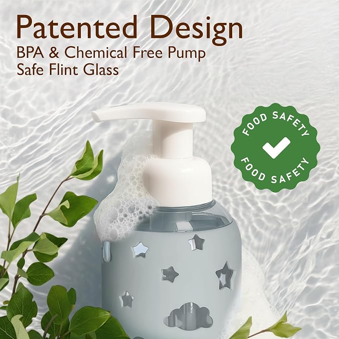 SoCal Suds & Company Foaming Hand Soap Dispenser Glass, Liquid Soap Pump with Cloud & Star Sleeve, Refillable Bottle for Kids, Baby Wash & Shampoo, Ideal for Bathroom & Kitchen Use, Light Grey, 8oz