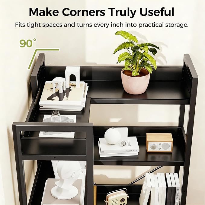 GTPLAYER 6-Tier Corner Bookshelf, L-Shaped Metal Frame Shelf with Tall 14" Shelves, Plant Stand and Storage Rack for Small Spaces, Living Room and Home Office, Black