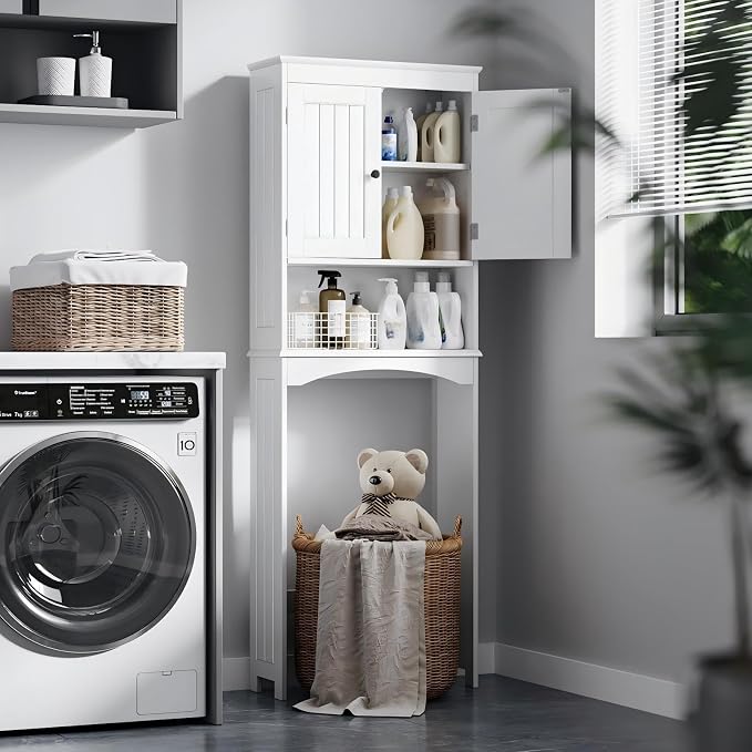 Bealife Over The Toilet Storage Cabinet with Open Shelf - White | Over Toilet Bathroom Organizer with Adjustable Shelf and Double Doors, Space Saver Free Standing Storage Shelf for Bathroom