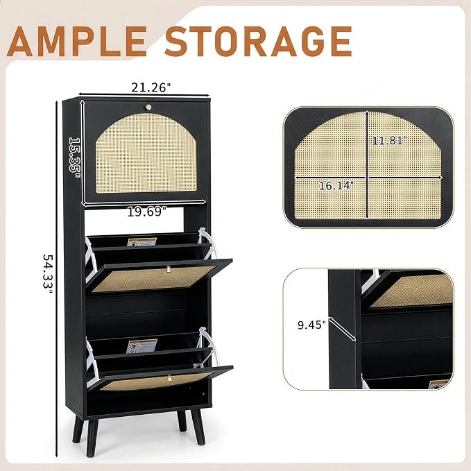 Karl home Black Rattan Shoe Cabinet, 3-Tilt-Out Entryway Storage Organizer | Hidden Shoe Rack with 3 Tilt-Out Compartments for Heels, Slippers and Casual Shoes, Space Saving Entryway Furniture