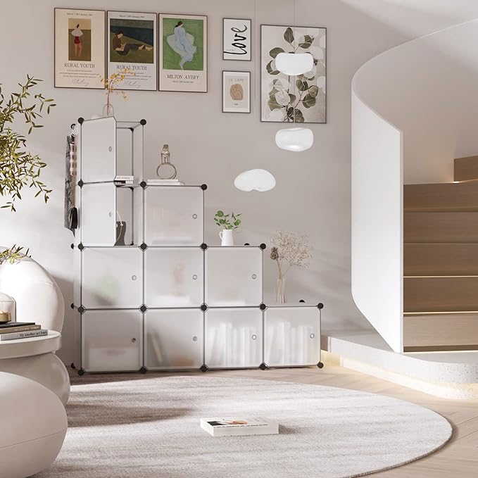 C&AHOME Cube Storage Organizer with Doors, 12-Cube Shelves, Closet Cabinet, DIY Plastic Modular Bookshelf Ideal for Bedroom, Living Room, 36.6”L x 12.4”W x 48.4”H Transparent White USHS3012W-DOOR