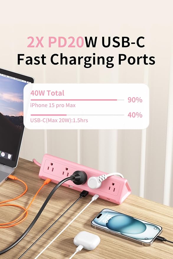 6.5 FT Desk Clamp Power Strip with 5 AC Outlets & 6 USB Ports PD 40W USB-C Fast Charging, Extension Cord with Multiple Outlets, Fits 2.1 in top Edge Pink