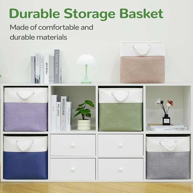 13 x 13 Inch Cube Storage Bins, 6 Pack Fabric Storage Basket with Handles, Foldable Boxes Organizer for Shelf Baskets for Home, Clothes (White/Green)