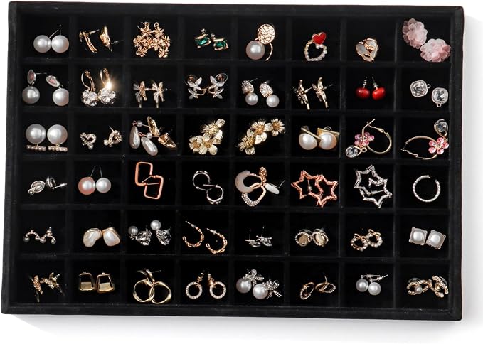 Large Jewelry Organizer for Drawer Insert Velvet Stackable Jewelry Trays for Earring Necklace Bracelet Ring Display (Black, 48 Grids)