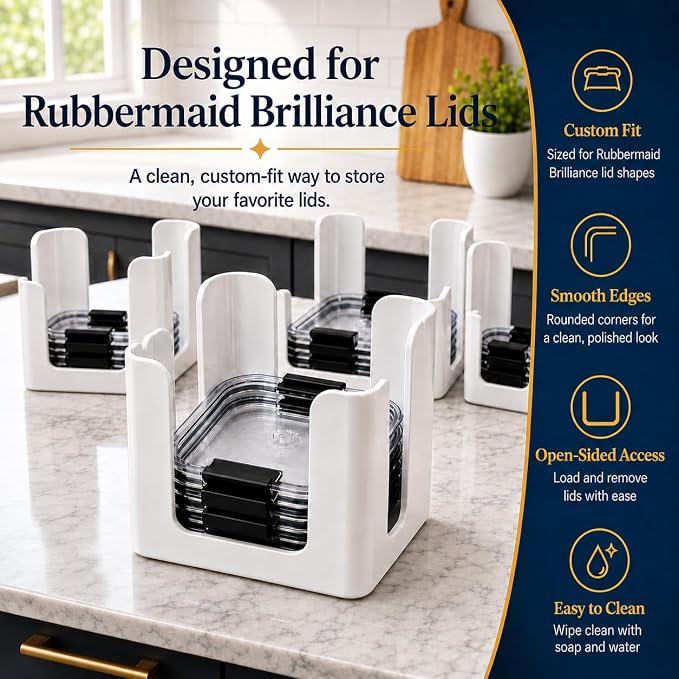 Food Container Lid Organizer for Rubbermaid Brilliance, 3-Pack, White | Plastic, Fits 0.5, 1.3, 3.2 & 4.7 cup lids, Holds up to 24 lids, Flat-stack storage, For cabinets, drawers & pantries