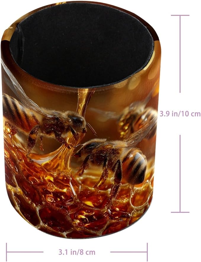Leather Pen Holder for Desk, Bee Hive Pencil Cup Pen Organizer Makeup Brush Holder for Office Home Kids Countertop Desk Accessory Storage