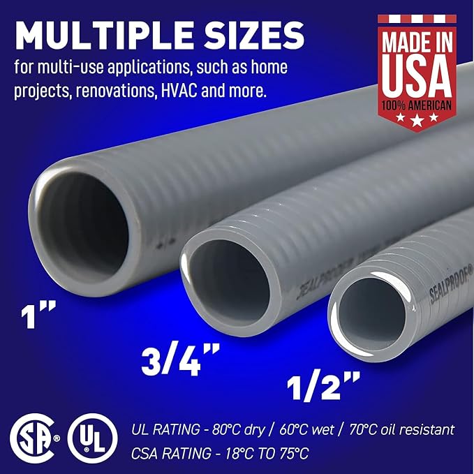 Sealproof Flexible Non-Metallic Liquid-Tight Electrical Conduit Type B, UL Listed (3/4 inch x 50 FT)