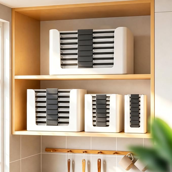 Food Storage Container Lids Organizer for Rubbermaid Brilliance Nap-On Lids,Stackable Food Storage Container Lid Organizer -- Fits 0.5, 1.3, 3.2, 4.7 & 9.6 Cups -- Holds 32 Lids (White,4-Piece Bundle)