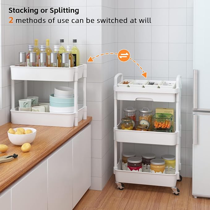 Calmootey 3-Tier Rolling Utility Cart with Drawer,Multifunctional Storage Organizer with Plastic Shelf & Metal Wheels,Storage Cart for Kitchen,Bathroom,Living Room,Office,White | Space-Saving Organizer, Sturdy Plastic Shelves, Smooth-Rolling Metal Whee...