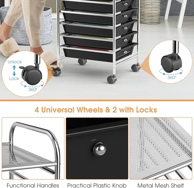 DREAMADE Rolling Cart with Storage Drawers, Utility Cart with Removable Plastic Drawers, Lockable Wheels, Art Cart for Classroom Organization Art Supplies Office Scrapbook (10 Drawers, Black)