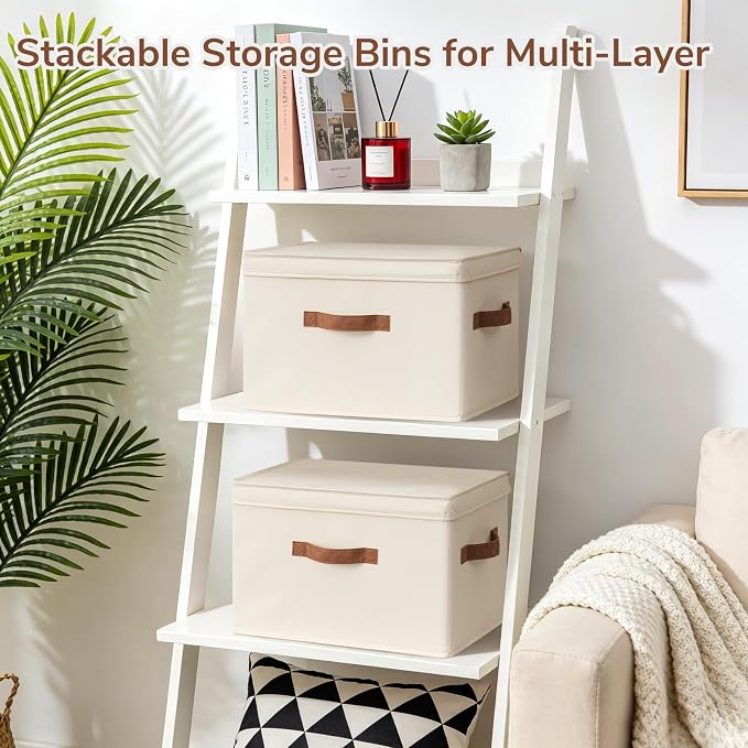 CHICVITA 4-Pack Closet Storage Organizer, Small Storage Bins with Lids, Closet Bins with Handles for Underbed, Ivory