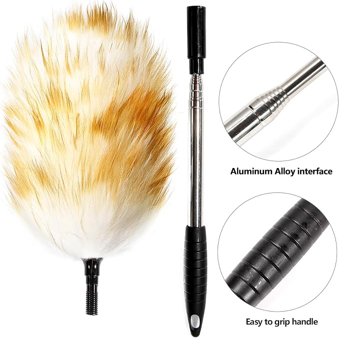 Extendable Lambswool Duster, Up to 82 in, Aluminum Handle | Single duster, Up to 82 in reach, Natural lambswool head, Aluminum handle, Reusable for ceilings, fans and furniture