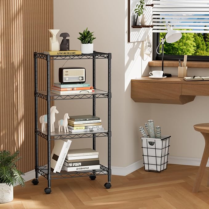 Golpart Small Shelves Storage Wire Metal Adjustable Shelf Unit with Wheels | 4 tier Shelving Organizers Storage Shelving for Bathroom Laundry Room Kitchen Pantry 11.7”D x 17.7”W x 44.8”H Black