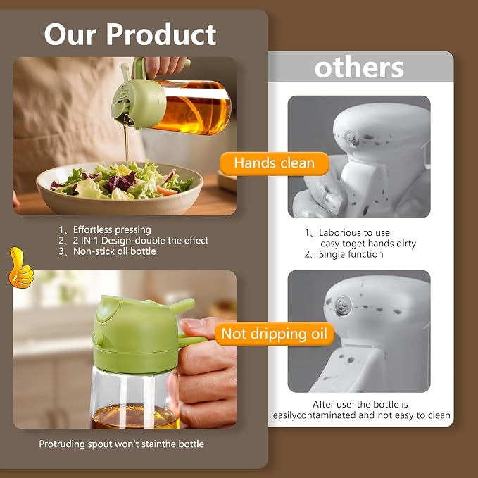SWEET VIEW Oil Sprayer for Cooking 16oz/470ml | Glass Oil Dispenser/Pour Bottle, Kitchen Accessories, Kitchen Gadgets for Air Fryer, Salad, BBQ, with Stickers (Green)